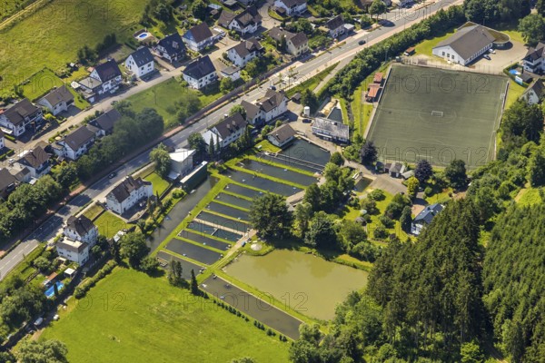 Aerial view, local view Oberelspe with sports field and fish ponds, Lennestadt, Sauerland, North