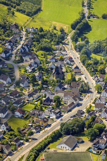 Aerial view, view of Oberelspe, federal road 55 and catholic church St. Maria Immaculata,