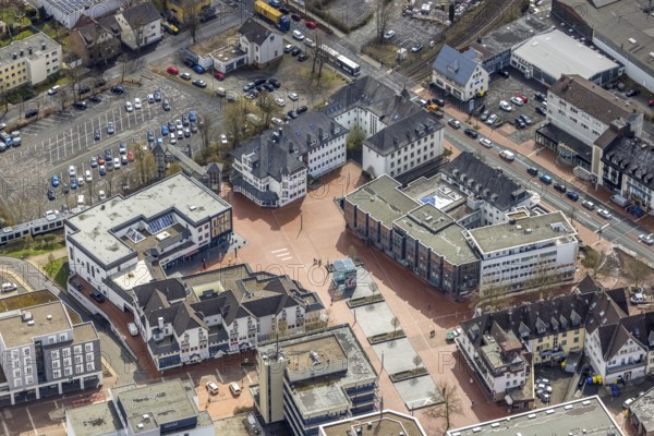 Aerial view, market place Kreuztal with town hall and shopping centre, Kreuztal, Sauerland, North