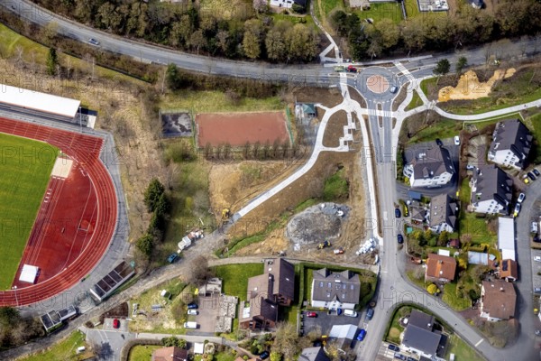 Aerial view, roundabout and construction site Hessengarten corner Zum Erbstollen, new construction