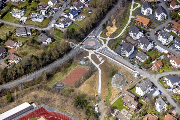 Aerial view, roundabout and construction site Hessengarten corner Zum Erbstollen, new construction