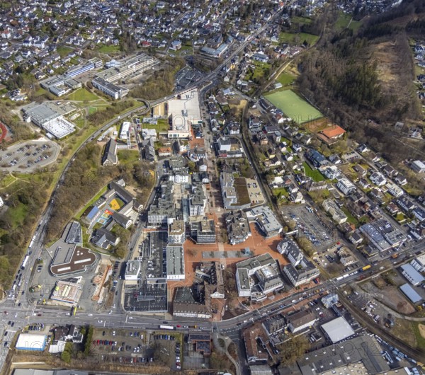 Aerial view, market place Kreuztal with town hall and shopping centre, primary school at Dreslers