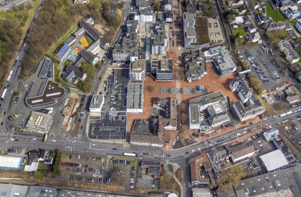 Aerial view, market place Kreuztal with town hall and shopping centre, primary school at Dreslers
