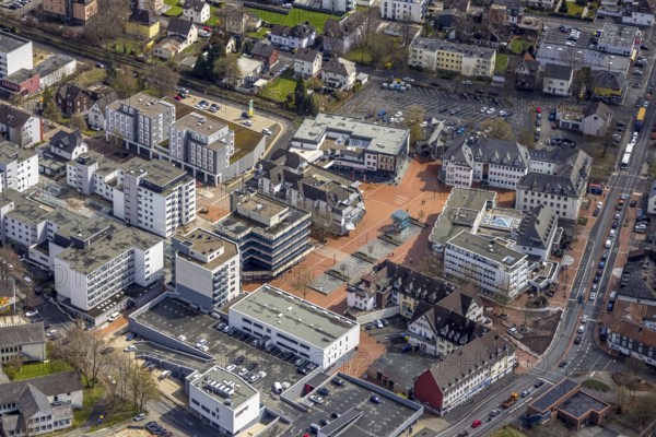 Aerial view, market place Kreuztal with town hall and shopping centre, Kreuztal, Sauerland, North