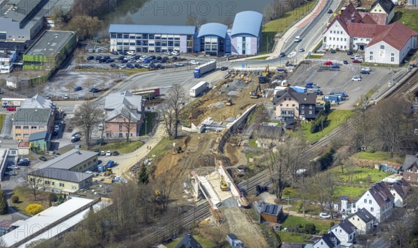Aerial view, construction site and replacement construction of the DB bridge and new road