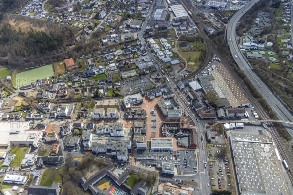 Aerial view, market place Kreuztal with town hall and shopping centre, primary school at Dreslers