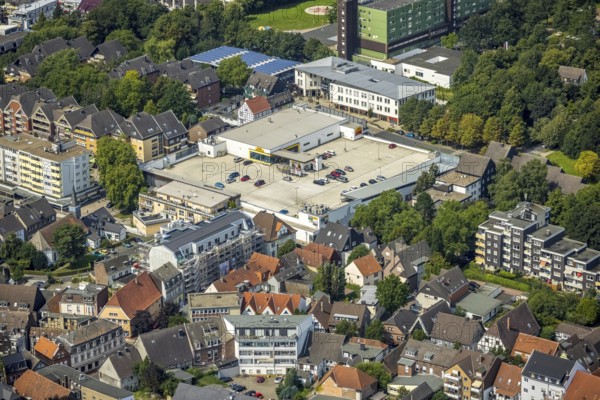 Aerial view, Kamen square shopping centre in Kampstraße in the district Kolonie Tannenberg, Kamen,