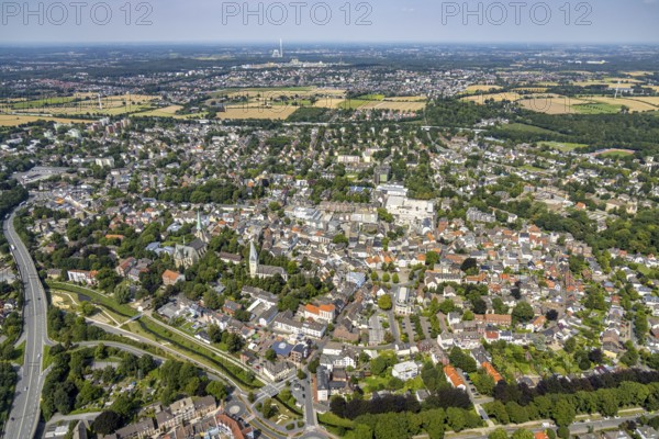 Aerial view, city centre with Alter Markt and catholic parish church Zur Heiligen Familie and evang