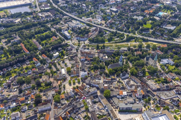 Aerial view, city centre with Alter Markt and catholic parish church Zur Heiligen Familie and evang