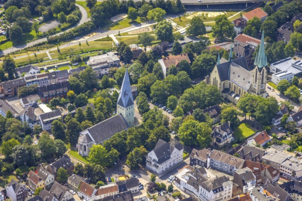 Aerial view, city centre with catholic parish church Zur Heiligen Familie and protestant church