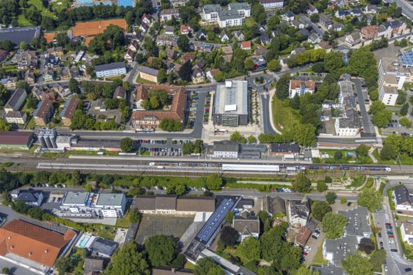 Aerial view, Kamen railway station with multi-storey car park and building of the Unna district