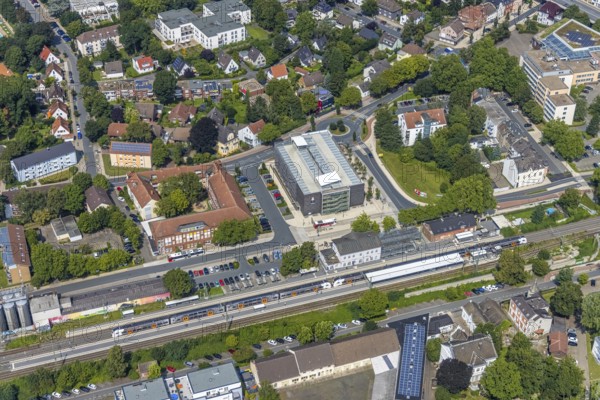 Aerial view, Kamen railway station with multi-storey car park and building of the Unna district