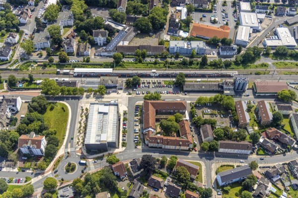Aerial view, Kamen railway station with multi-storey car park and building of the Unna district