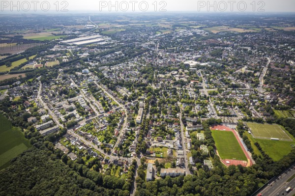 Aerial view, local view with Jahnstadion VFL Kamen in the district Kolonie Tannenberg in Kamen,