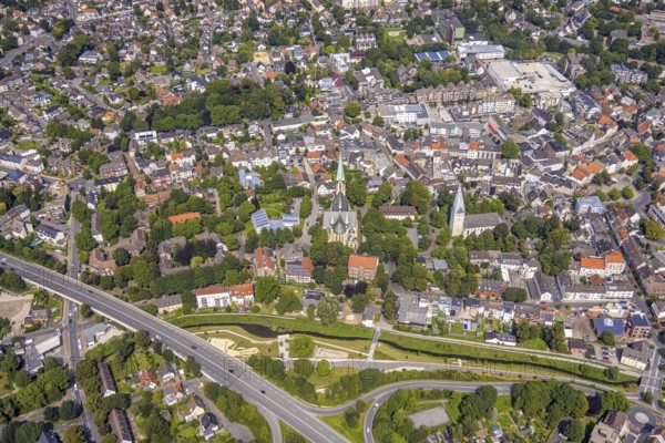 Aerial view, city centre with catholic parish church Zur Heiligen Familie and evang. Pauluskirche,