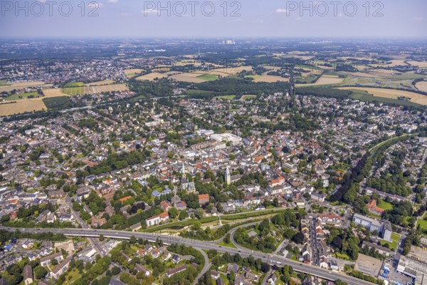 Aerial view, city centre with catholic parish church Zur Heiligen Familie and evang. Pauluskirche,