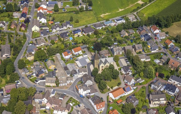 Aerial view, town centre with St. Margaret's Church and Lutherplatz in the Methler district, Kamen,