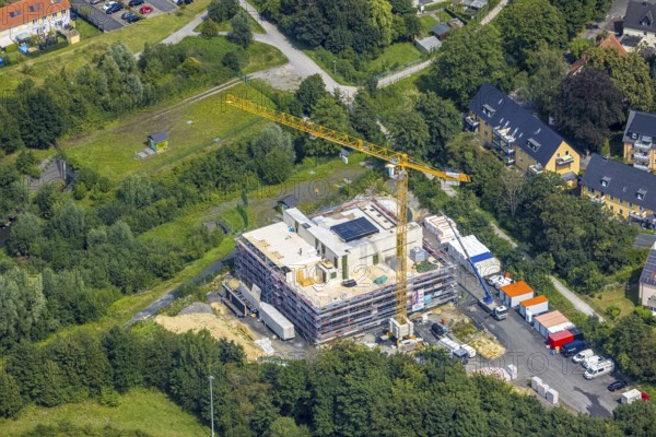 Aerial photo, construction site and new residential building Solarhaus Kamen on