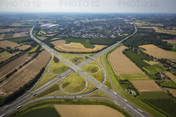 Aerial view, Kamen interchange with A1 motorway and A2 motorway, helicopter sculpture Yellow Angel