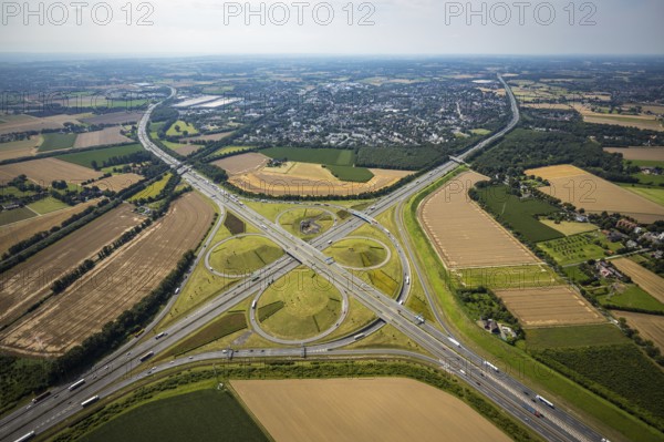 Aerial view, Kamen interchange with A1 motorway and A2 motorway, helicopter sculpture Yellow Angel