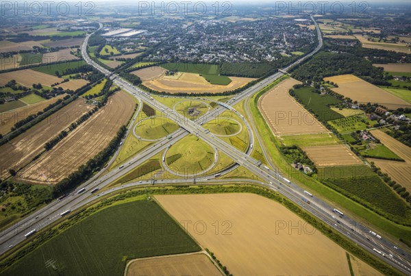 Aerial view, Kamen interchange with A1 motorway and A2 motorway, helicopter sculpture Yellow Angel