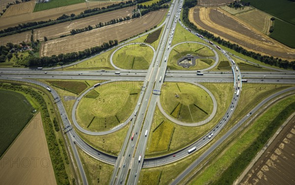 Aerial view, Kamen interchange with A1 motorway and A2 motorway, helicopter sculpture Yellow Angel