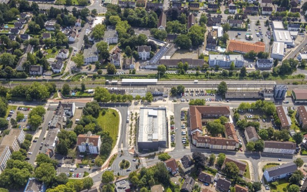 Aerial view, Kamen railway station with multi-storey car park and building of the Unna district
