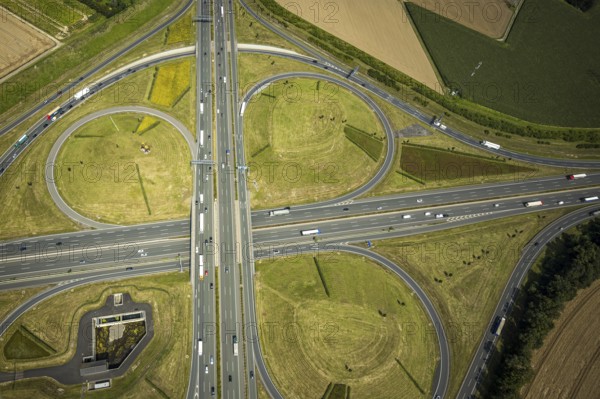 Aerial view, Kamen interchange with A1 motorway and A2 motorway, helicopter sculpture Yellow Angel