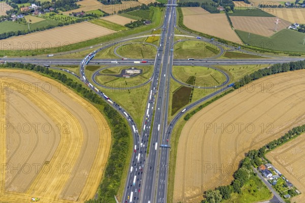 Aerial view, Kamen interchange with A1 motorway and A2 motorway, helicopter sculpture Yellow Angel