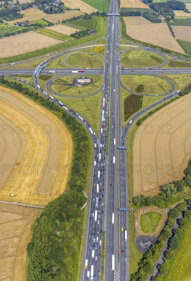 Aerial view, Kamen interchange with A1 motorway and A2 motorway, helicopter sculpture Yellow Angel