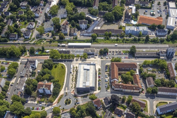 Aerial view, Kamen railway station with multi-storey car park and building of the Unna district