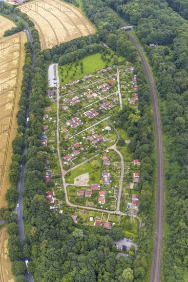 Aerial view, allotment garden association Am Ölpfad, Obermassener Heide, Holzwickede, Ruhr area,