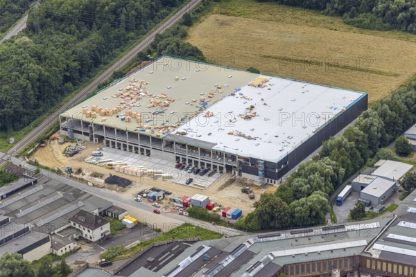 Aerial view, construction site and new building logistics centre Schäferkampstraße in Hohenleuchte,
