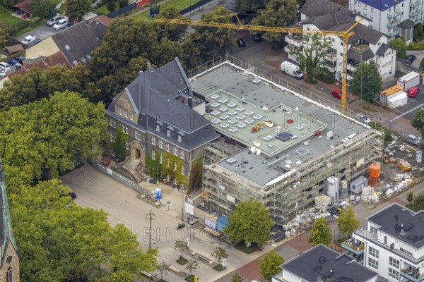 Aerial view, town hall Holzwickede with construction site and extension of the city administration