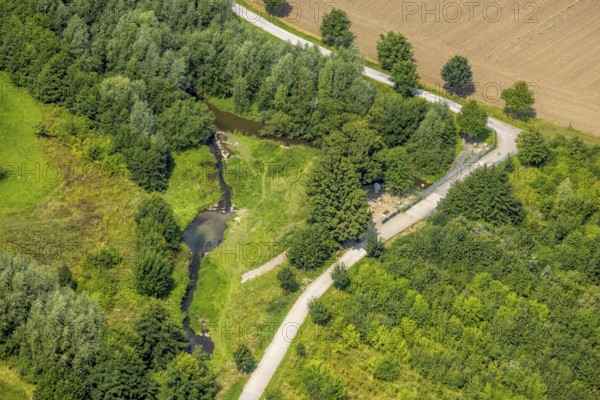 Aerial view, foot and cycle path Seseke-Weg with bridge over the river Seseke in the district