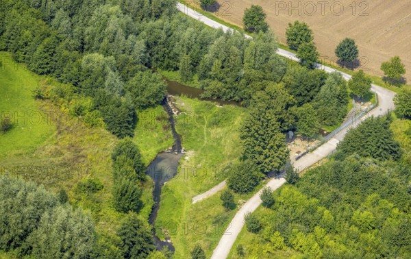 Aerial view, foot and cycle path Seseke-Weg with bridge over the river Seseke in the district