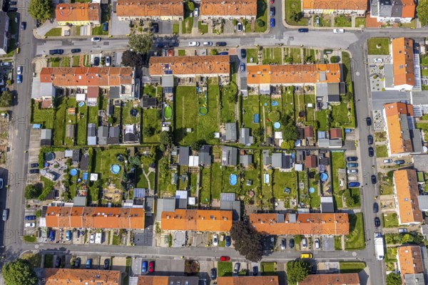 Aerial view, miners' settlement between Pröbstingstraße and Bergstraße with red roofs in the