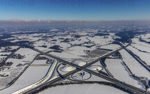 Aerial view, Kamener Kreuz in winter, A1 and A2, helicopter sculpture Yellow Angel, Kamen, Ruhr