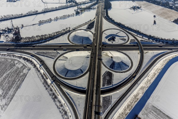 Aerial view, Kamen junction in winter, A1 and A2, helicopter sculpture Yellow Angel, Kamen, Ruhr
