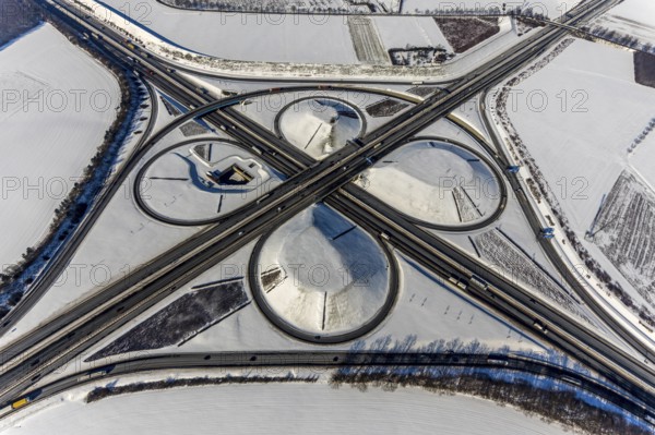 Aerial view, Kamen junction in winter, A1 and A2, helicopter sculpture Yellow Angel, Kamen, Ruhr