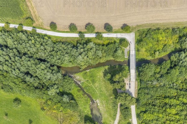 Aerial view, foot and cycle path Seseke-Weg with bridge over the river Seseke in the district