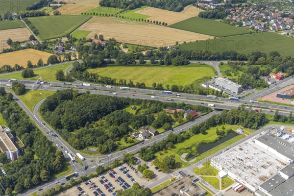 Aerial view, motorway exit Kamen-Zentrum of the A1 motorway, Südkamen, Kamen, Ruhr area, North