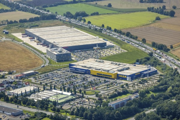 Aerial view, commercial area Unna / Kamen with Ikea and Woolworth, Südkamen, Kamen, Ruhr area,