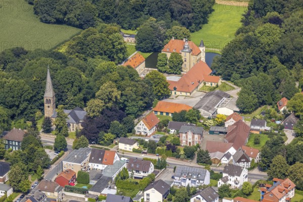 Aerial view, Heeren Castle and Heeren Protestant Church in the Heeren-Werve district, Kamen, Ruhr