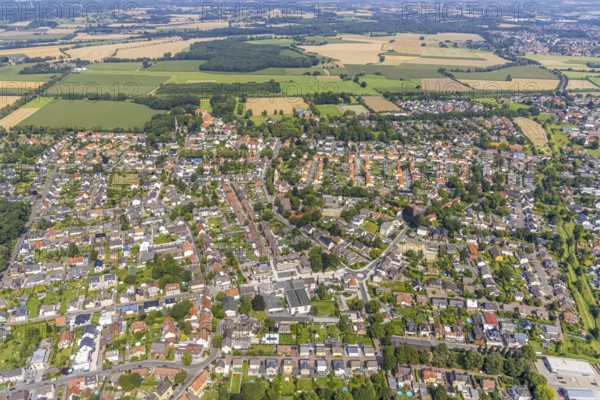 Aerial view, town view and roundabout in the village centre of Heeren-Werve, Kamen, Ruhr area,