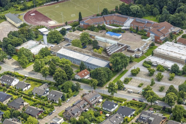 Aerial view, sports field school centre, Clara-Schumann-Gymnasium with solar roof, Josef Reding