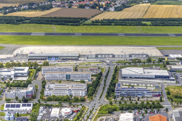 Aerial photograph, Dortmund Airport with new Porsche Centre, Natorp, Holzwickede, Ruhr area, North