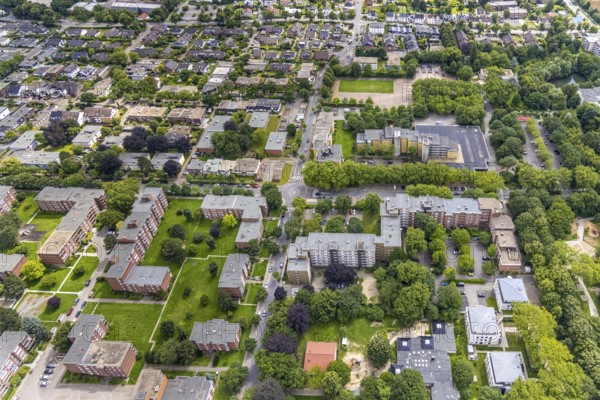 Aerial view, residential neighbourhood Hamburger Allee, Berliner Allee, Holzwickede, Ruhr area,