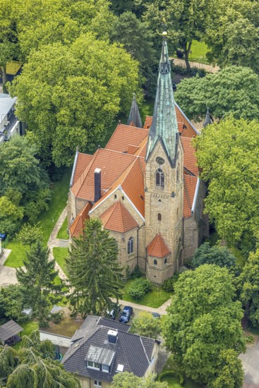 Aerial view, Protestant Church Am Markt, Freiberg, Holzwickede, Ruhr area, North Rhine-Westphalia,