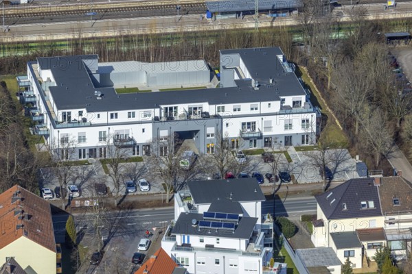 Aerial view, new residential and commercial building Bahnhofstraße, Sauer Büroservice u.